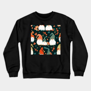 Autumn Gnomes with Long White Beards and Knitted Hats on Forest Green Background Crewneck Sweatshirt